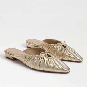 Sam Edelman Julia Leather Ruched Pointed Toe Bow Detail Mules In Gold Size 7.5